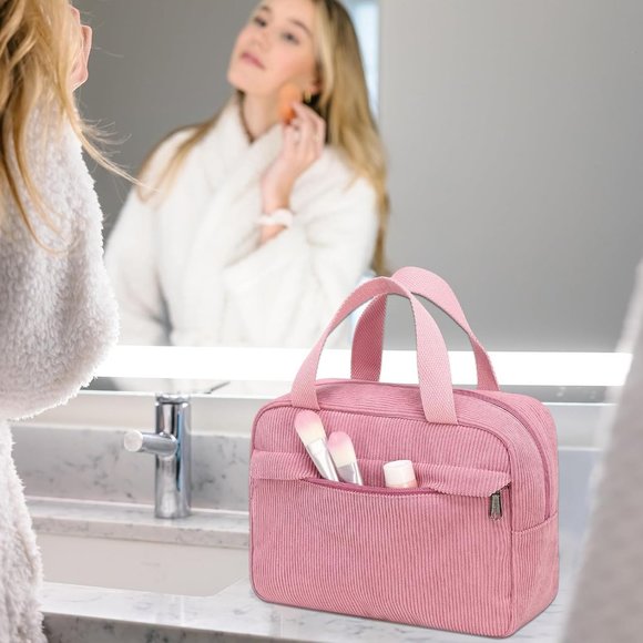 Women Corduroy-Pink Travel Tote Large Zipper Make Up Organizer Bags - Picture 2 of 7